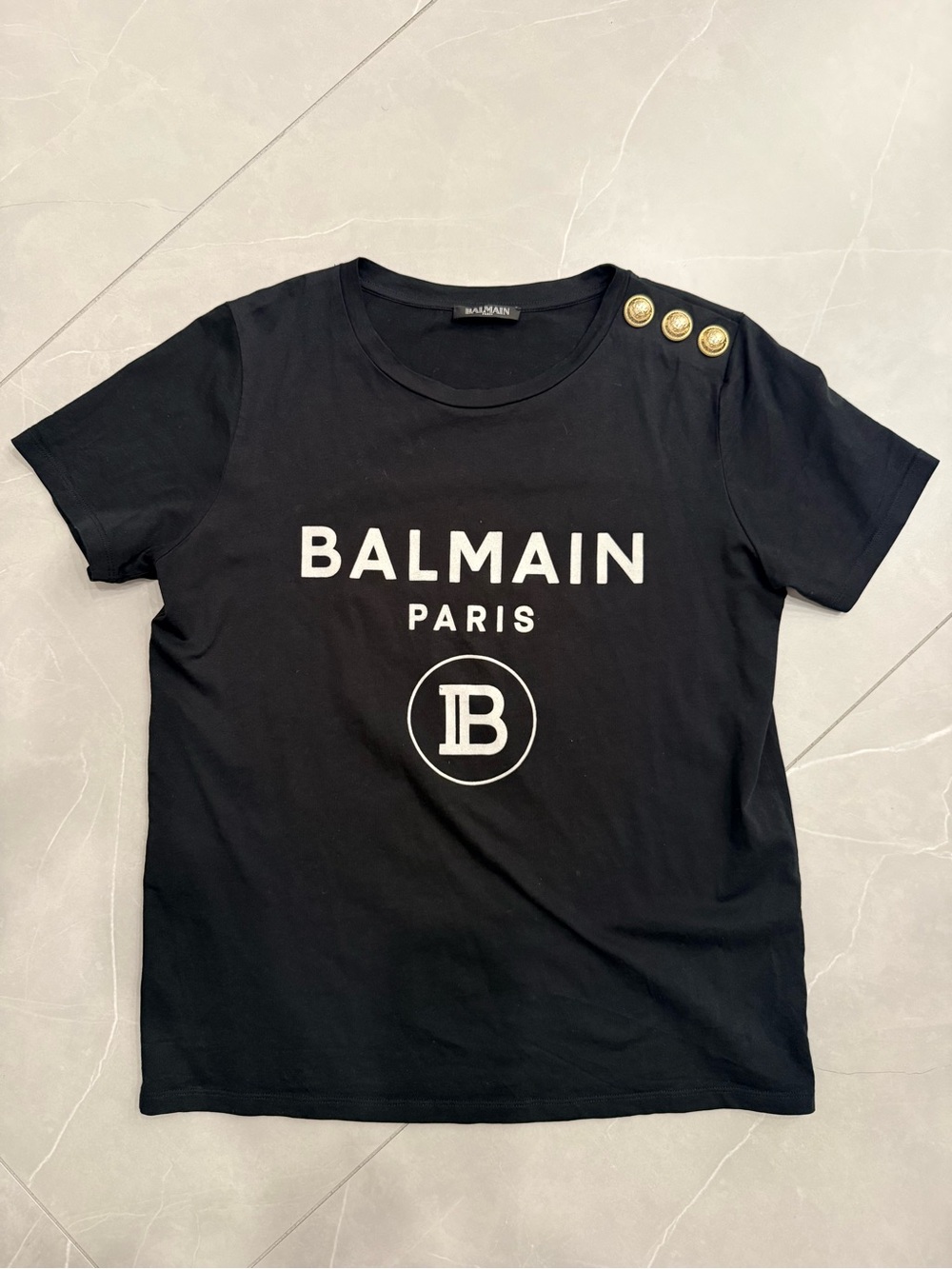 Balmain Women black Logo Tee with gold Shoulder Buttons